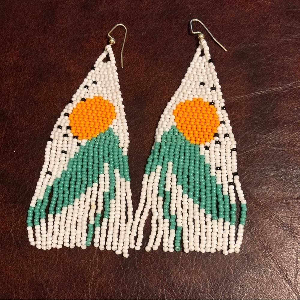 Handmade White, Teal & Orange Beaded Fringe Earrings
